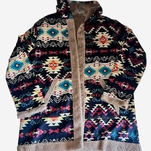 Tribal Print Hooded Coat with Faux Fleece Lining - Multicolor Aztec size L